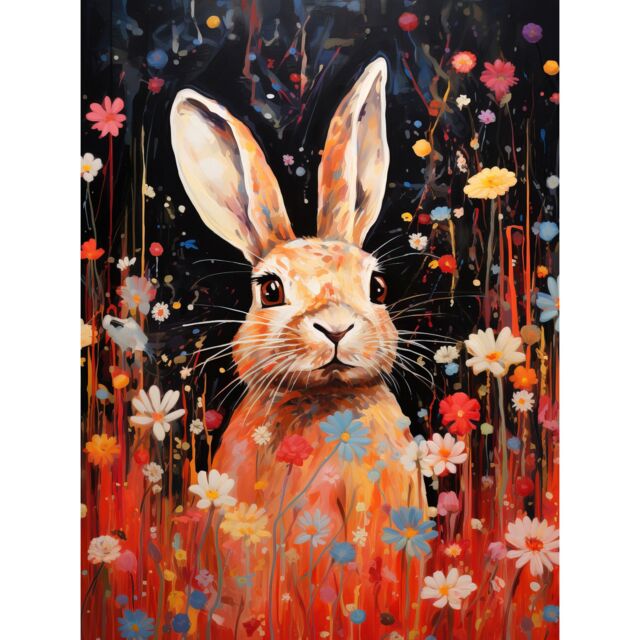 "Artery8 Wall Art Print Spring Bliss Oil Painting Cute Bunny Rabbit in a Daisy Flower Meadow Kids Bedroom Poster in Black - Size: W12"" x H16""" - image 1