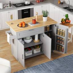 BTM Kitchen Island on Wheels with Spice Rack & Towel Holder in Grey - thumbnail 1