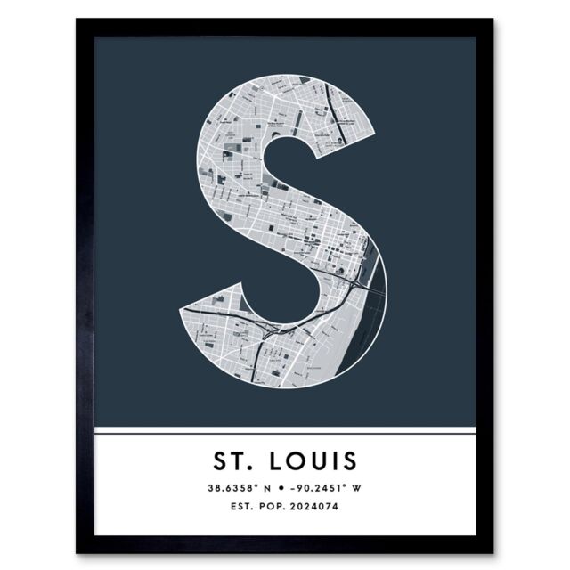 "Wee Blue Coo Wall Art Print St Louis Missouri United States City Map Modern Typography Stylish Letter Framed Word in Navy - Size: W12"" x H16""" - image 1