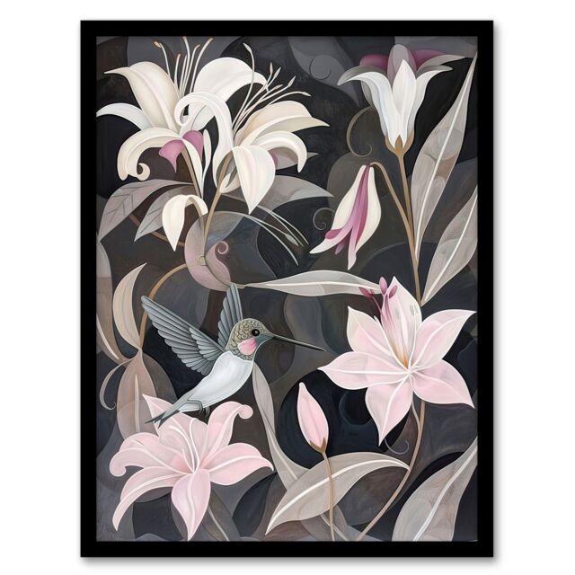"Artery8 Lily Flowers & Hummingbird Stylised Painting Framed Art Print in Grey - Size: W12"" x H16""" - image 1