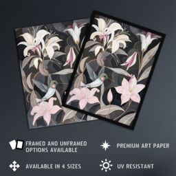 "Artery8 Lily Flowers & Hummingbird Stylised Painting Framed Art Print in Grey - Size: W12"" x H16""" - thumbnail 2