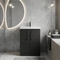 Balterley Contemporary Bathroom Floor 2-Door Vanity Unit Basin, Black, 600mm in Black - thumbnail 2