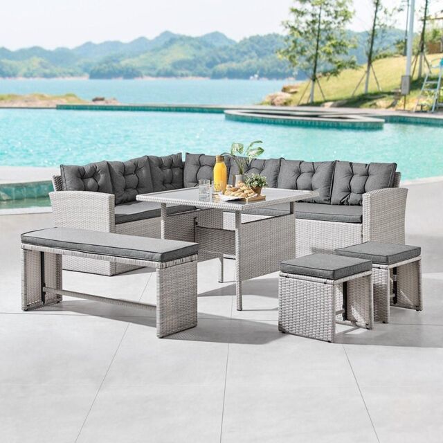 Home Detail Chile Rattan Corner Outdoor Dining Garden Furniture Set Sofa Table Bench & 2 Stools in Grey - image 1