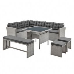 Home Detail Chile Rattan Corner Outdoor Dining Garden Furniture Set Sofa Table Bench & 2 Stools in Grey - thumbnail 2