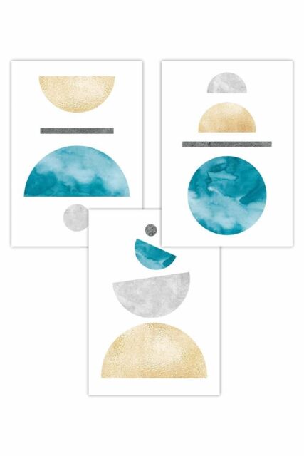 ARTZE Set of 3 Yellow & Aqua Blue Abstract Mid Century Geometric Art Posters - Size: W50 cm x H70 cm - image 1