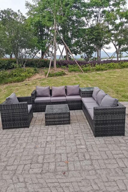 Fimous Dark Mixed Grey Outdoor Rattan Garden Furniture Set Corner Sofa 2 Tables With 1 Chair in Dark Grey - image 1
