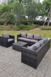 Fimous Dark Mixed Grey Outdoor Rattan Garden Furniture Set Corner Sofa 2 Tables With 1 Chair in Dark Grey - thumbnail 2
