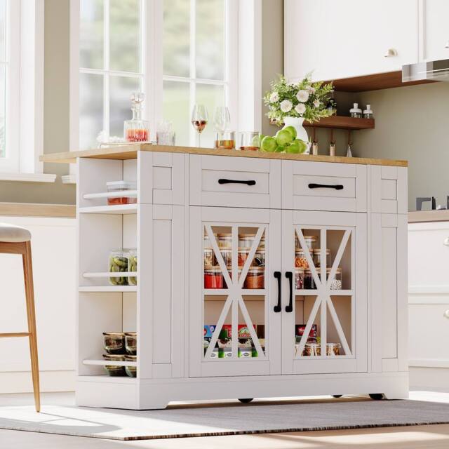 Merax Mobile Kitchen Island Trolley with Foldable Tabletop, Storage Cabinet in White - image 1