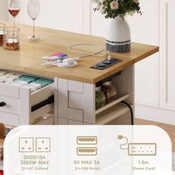 Merax Mobile Kitchen Island Trolley with Foldable Tabletop, Storage Cabinet in White - thumbnail 3