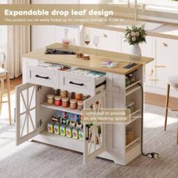 Merax Mobile Kitchen Island Trolley with Foldable Tabletop, Storage Cabinet in White - thumbnail 7