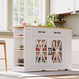 Merax Mobile Kitchen Island Trolley with Foldable Tabletop, Storage Cabinet in White