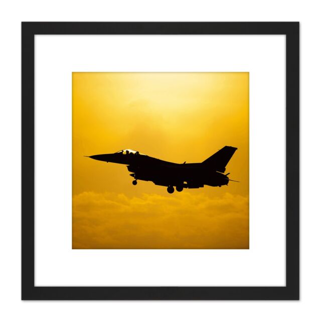 Artery8 Military USA USAF F-16 Fighting Falcon Aircraft Jet Photo 8X8 Inch Square Wooden Framed Wall Art Print Picture with Mount in Black - image 1