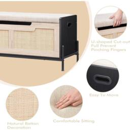 VOGREX Rattan Storage Bench with 2 Safety Hinges, Flip-Top Shoe Trunk in Black - thumbnail 3