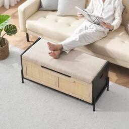 VOGREX Rattan Storage Bench with 2 Safety Hinges, Flip-Top Shoe Trunk in Black - thumbnail 6