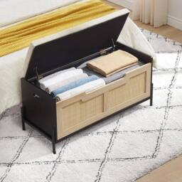 VOGREX Rattan Storage Bench with 2 Safety Hinges, Flip-Top Shoe Trunk in Black - thumbnail 7