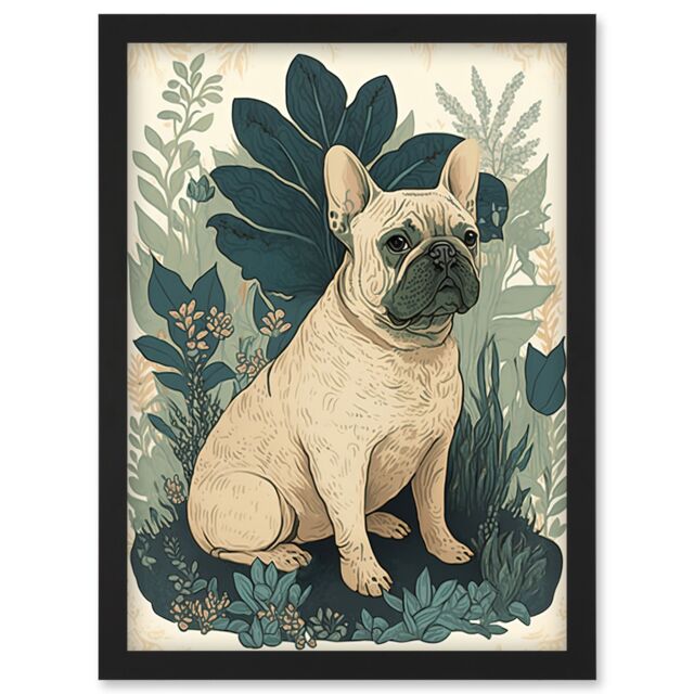 Artery8 French Bulldog & Tropical Plants Modern Pastel Colour Boho Illustration Artwork Framed Wall Art Print A4 in Black - image 1