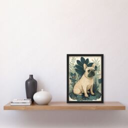 Artery8 French Bulldog & Tropical Plants Modern Pastel Colour Boho Illustration Artwork Framed Wall Art Print A4 in Black - thumbnail 2