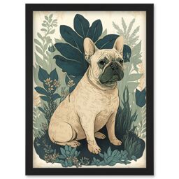 Artery8 French Bulldog & Tropical Plants Modern Pastel Colour Boho Illustration Artwork Framed Wall Art Print A4 in Black - thumbnail 1