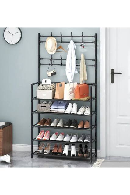 Living and Home 5-Tier Shoe Rack with Coat Hanger 80cm W x 175cm H Coat Rack Garment Rack in Black - Size: XL - image 1