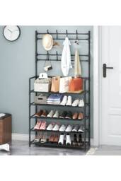 Living and Home 5-Tier Shoe Rack with Coat Hanger 80cm W x 175cm H Coat Rack Garment Rack in Black - Size: XL - thumbnail 1