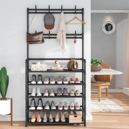Living and Home 5-Tier Shoe Rack with Coat Hanger 80cm W x 175cm H Coat Rack Garment Rack in Black - Size: XL - thumbnail 2