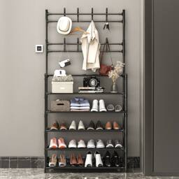 Living and Home 5-Tier Shoe Rack with Coat Hanger 80cm W x 175cm H Coat Rack Garment Rack in Black - Size: XL - thumbnail 4