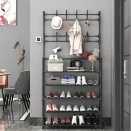 Living and Home 5-Tier Shoe Rack with Coat Hanger 80cm W x 175cm H Coat Rack Garment Rack in Black - Size: XL - thumbnail 3