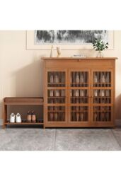 Living and Home Bamboo Entryway Storage Shoe Cabinet with Bench in Brown