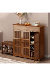 Living and Home Bamboo Entryway Storage Shoe Cabinet with Bench in Brown - thumbnail 2