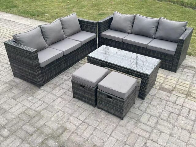 Fimous Outdoor Rattan Garden Furniture Lounge Sofa Set With Coffee Table 2 Stools in Dark Grey - image 1