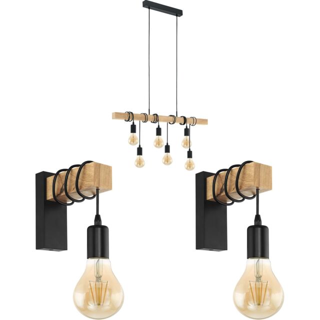 Loops Multi Bulb Ceiling Pendant Light & 2x Matching Wall Lights Black & Wood Trendy - image 1