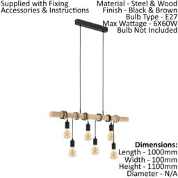 Loops Multi Bulb Ceiling Pendant Light & 2x Matching Wall Lights Black & Wood Trendy - thumbnail 2