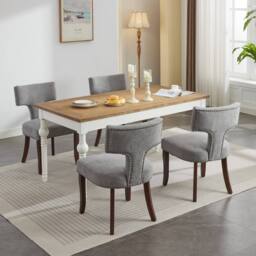 HomeTouch Set of 4 Linen Fabric Upholstered Dining Chairs Accent Chair in Grey - Size: 4 Pack - thumbnail 3