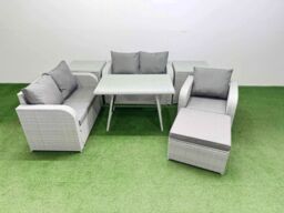 Fimous 6 Seater Rattan Garden Furniture Set Love Sofa Reclining Chair Set in Light Grey - thumbnail 2