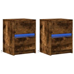 Berkfield Home Bedside Cabinets with LED Lights 2 pcs Smoked Oak Engineered Wood in Brown - thumbnail 3