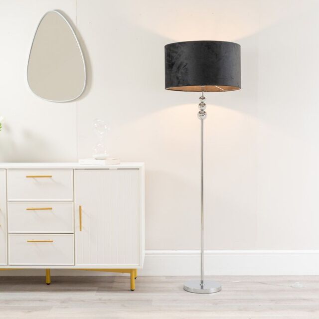 ValueLights Marissa Velvet Drum Shade with Chrome Stacked Ball Floor Lamp with LED Bulb in Black - image 1