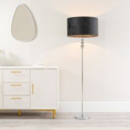 ValueLights Marissa Velvet Drum Shade with Chrome Stacked Ball Floor Lamp with LED Bulb in Black - thumbnail 1