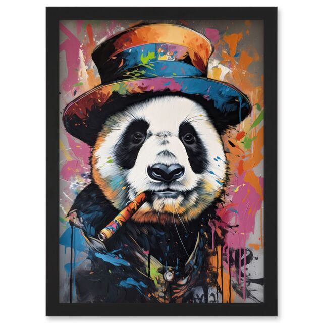 Artery8 Panda Bear with a Suit Low Top Hat & a Cigar Artwork Framed Wall Art Print A4 in Black - image 1