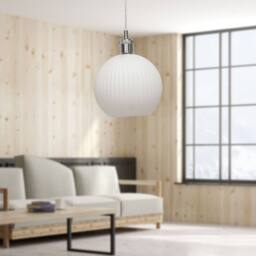 First Choice Lighting Betchley - White Ribbed Glass Globe Chrome Retro Pendant Fitting - thumbnail 4
