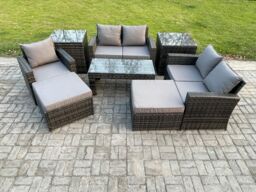 Fimous 7 Seater Outdoor Rattan Patio Furniture Set Garden Lounge Sofa Set with 2 Side Tables 2 Big Footstool Coffee Table Dark Grey Mixed - thumbnail 1