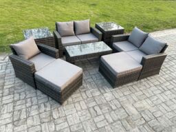 Fimous 7 Seater Outdoor Rattan Patio Furniture Set Garden Lounge Sofa Set with 2 Side Tables 2 Big Footstool Coffee Table Dark Grey Mixed - thumbnail 2
