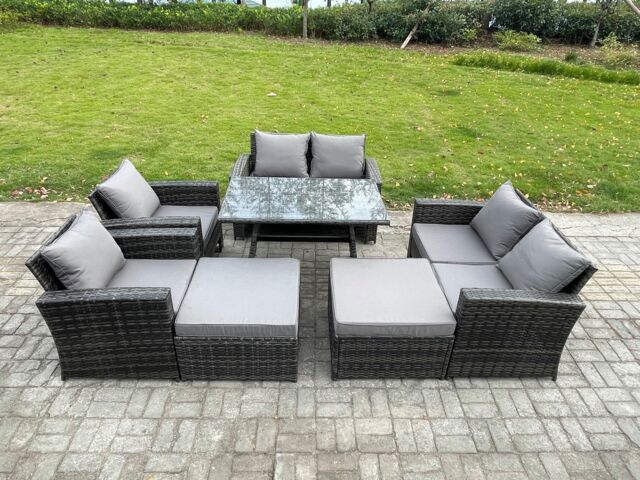 Fimous 8 Seater Garden Dining Set Wicker PE Rattan Outdoor Furniture Sofa with Rectangular Dining Table Double Seat Sofa 2 Big Footstool Armchair