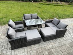 Fimous 8 Seater Garden Dining Set Wicker PE Rattan Outdoor Furniture Sofa with Rectangular Dining Table Double Seat Sofa 2 Big Footstool Armchair - thumbnail 2
