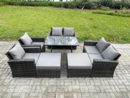Fimous 8 Seater Garden Dining Set Wicker PE Rattan Outdoor Furniture Sofa with Rectangular Dining Table Double Seat Sofa 2 Big Footstool Armchair - thumbnail 1