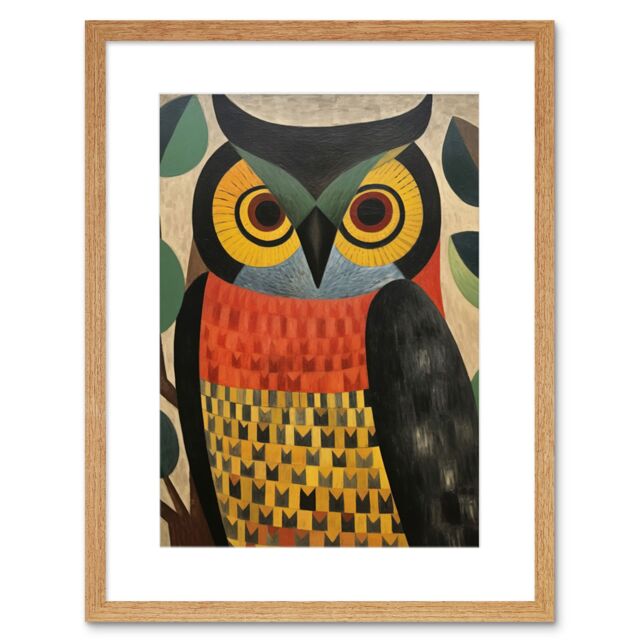 "Artery8 Wall Art Print Folk Art Geometric Owl Boho Colours Yellow Coral Green Bold but Subtle Artwork Framed 9X7 Inch in Beige - Size: W7"" x H9""" - image 1