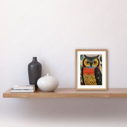 "Artery8 Wall Art Print Folk Art Geometric Owl Boho Colours Yellow Coral Green Bold but Subtle Artwork Framed 9X7 Inch in Beige - Size: W7"" x H9""" - thumbnail 2