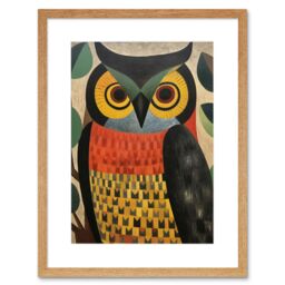 "Artery8 Wall Art Print Folk Art Geometric Owl Boho Colours Yellow Coral Green Bold but Subtle Artwork Framed 9X7 Inch in Beige - Size: W7"" x H9""" - thumbnail 1