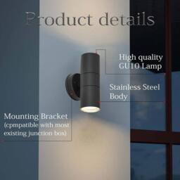 ATEK 2Pcs Outside Up & Down Wall Lights, IP44 Waterproof Up Down Mains Power Lighting Black Stainless Steel Exterior Wall Sconce GU10 - thumbnail 3