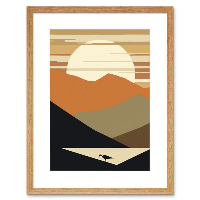 "Artery8 Wall Art Print Lakeside Mountain Sunset Boho Minimalism Landscape Artwork Framed 9X7 Inch in Beige - Size: W7"" x H9""" - image 1