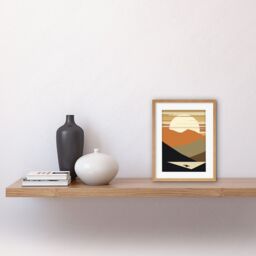 "Artery8 Wall Art Print Lakeside Mountain Sunset Boho Minimalism Landscape Artwork Framed 9X7 Inch in Beige - Size: W7"" x H9""" - thumbnail 2